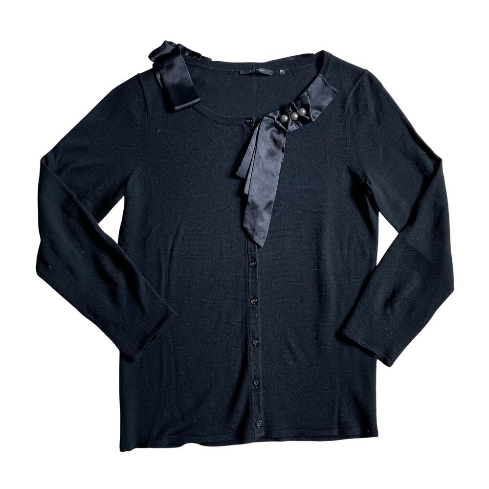 Elie Tahari Black Merino Wool Cardigan, Ribbon, Pearl Detail, Classic, Size XS